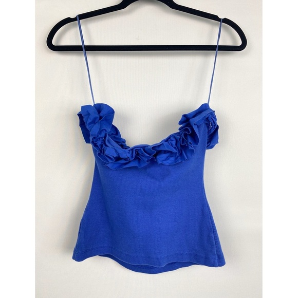 Anthropologie Maeve Strapless Poplin Ruffle Blouse‎ Tube Top, Blue - Size S - Picture 4 of 7